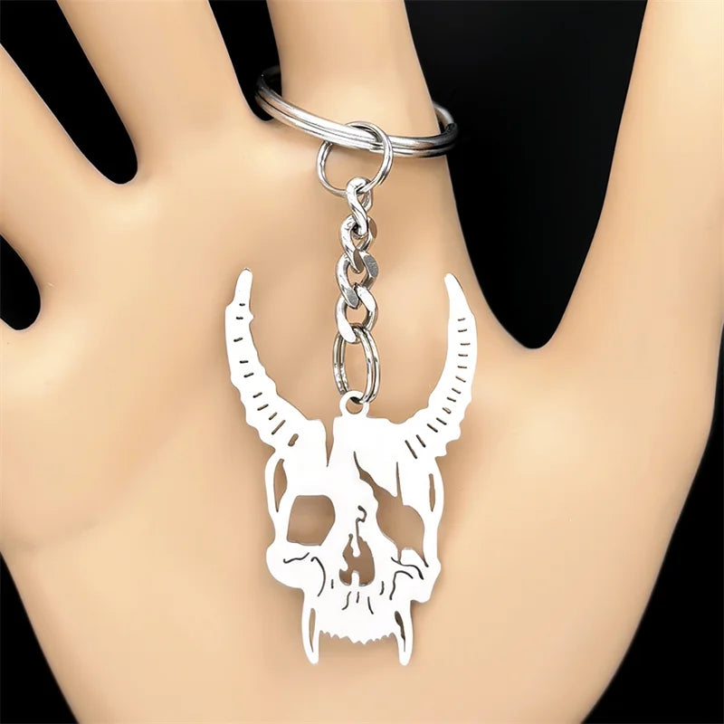 Stainless Steel Gothic Sheep Head Skull Keychain – Retro Religious Alternative Key Ring for Men & Women