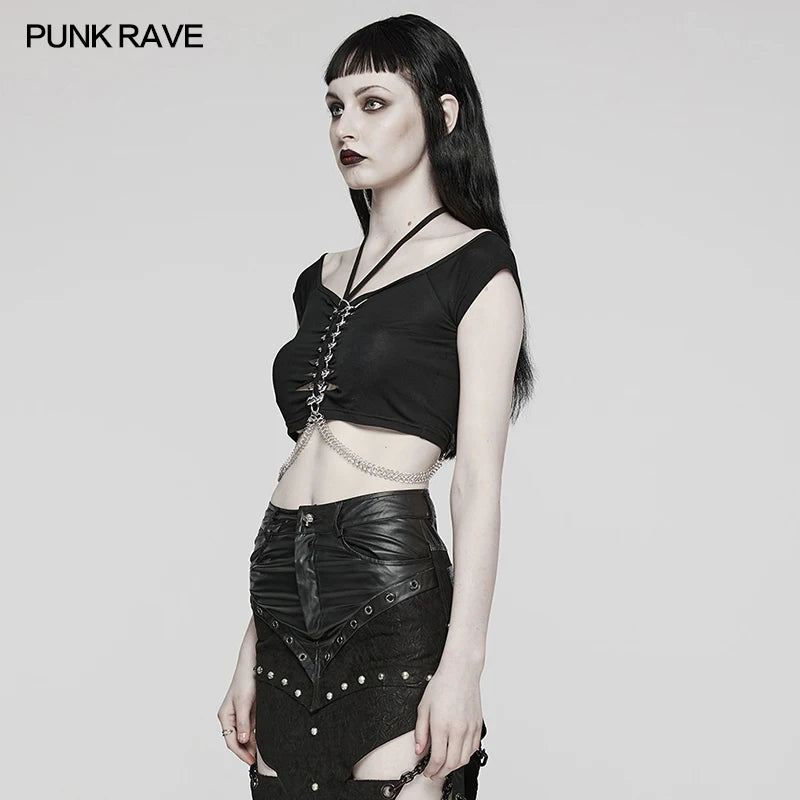 PUNK RAVE Women's Punk T-Shirt - Black Gothic Short Top with Front Metal Rings, Sexy and Stylish for Summer