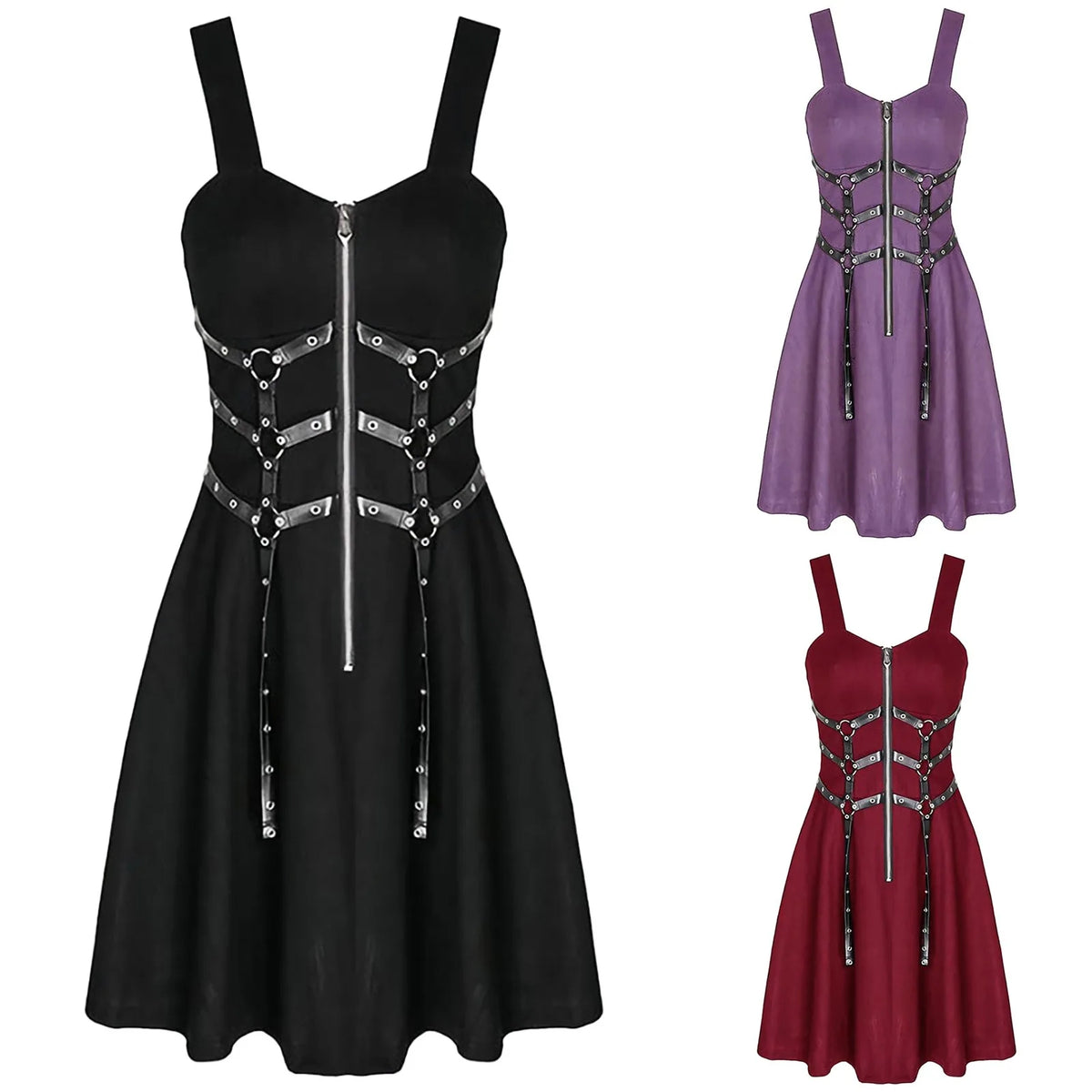 Women Solid Clothes Zipper Gothic Vintage Dress | Irregular Sleeve Strap Costume Dress for Women