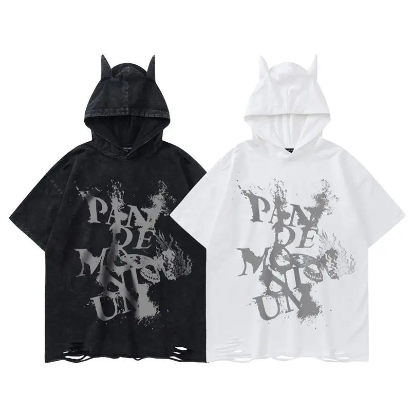 American Street Dark Style Hooded Hole T-shirt Wash Old Short-sleeved Young Men's And Women's Knitted Tee Shirt