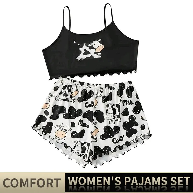 Women Pajamas Sleepwear Pajama Set Sports Camisole And Shorts S M L Black Cow Cartoon Print Ventilate Soft Casual