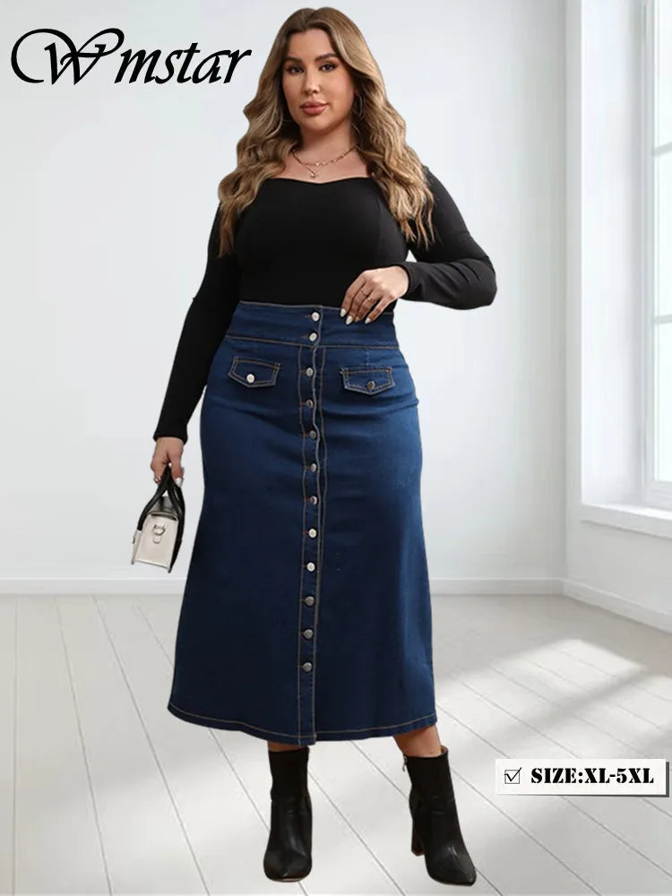 Wmstar Plus Size Only Denim Skirts Women's Clothing Maxi Pockets Sexy Medium Stretch Long New Skirt Wholesale Dropshipping 2024