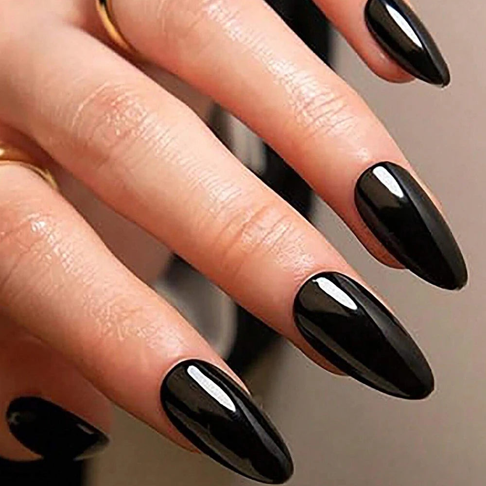 100-Piece Black Matte Almond Press-On Nails – Medium Length Artificial Nail Tips for Extensions