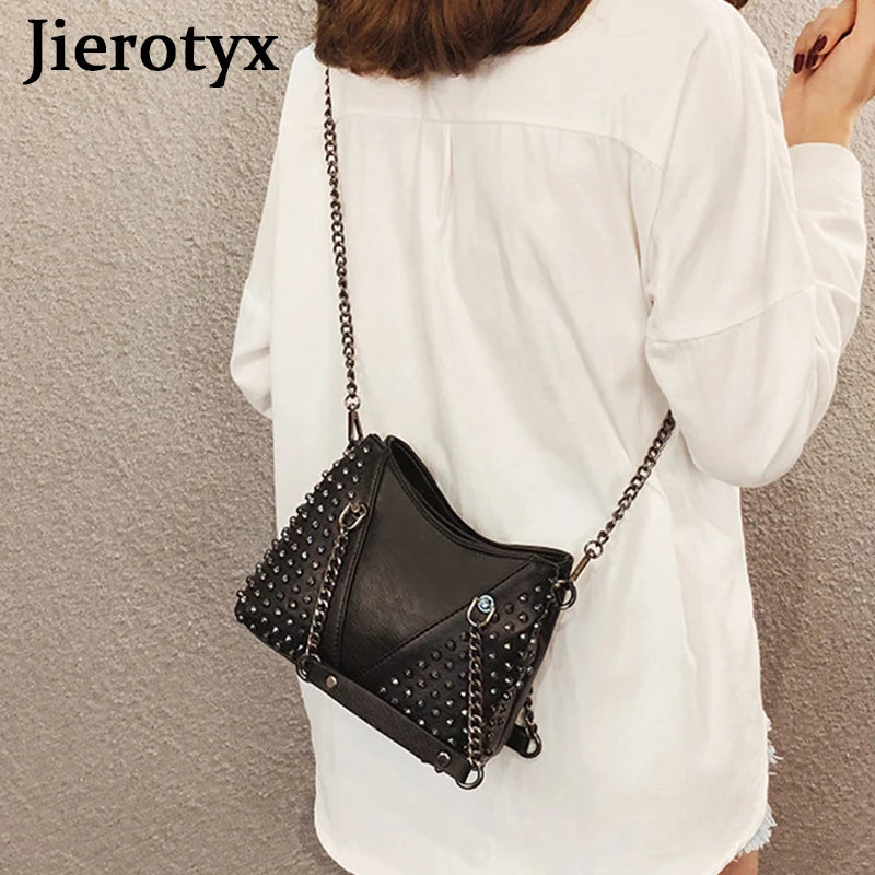 JIEROTYX Studded Shoulder Bag for Women Leather Punk Style Rock Rivet Crossbody Bag Handbag with Chain Wallet Purse for Girls