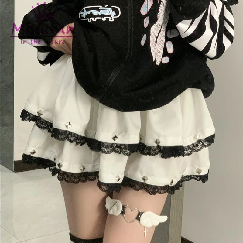 Gothic Lolita Cake Mini Skirt - Japanese Harajuku Punk Style, Kawaii Pleated Skirt with Sweet Lace and Rivet Details, Y2K Women’s Short Skirt