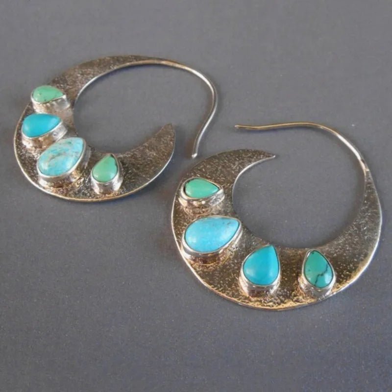 Silver Color Hoop Turquoise Gemstone Earrings Unique Handmade Jewelry