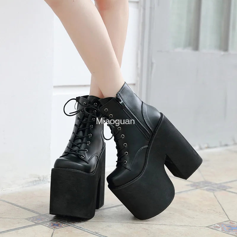 Fashion Chunky Heel Motorcycle Boots for Women - 17cm Platform Ankle Boots, Punk Cosplay, Thick Sole, Goth Girls Shoes