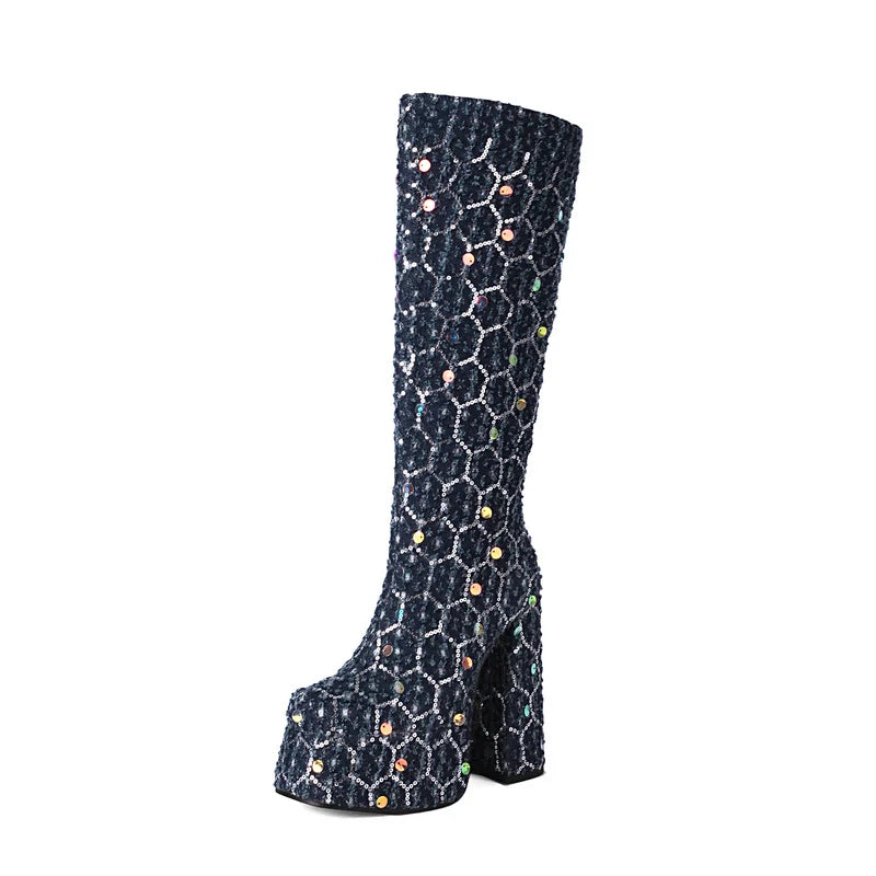 2024 Women's Knee-High Boots – Platform Square High Heel, Denim, Round Toe Calf Boots for Fashion & Parties