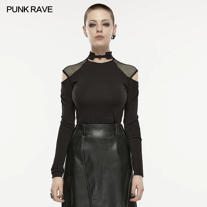 PUNK RAVE Women's Chinese Style Long-Sleeve T-Shirt - Punk Hollow Out with Modified Button Collar