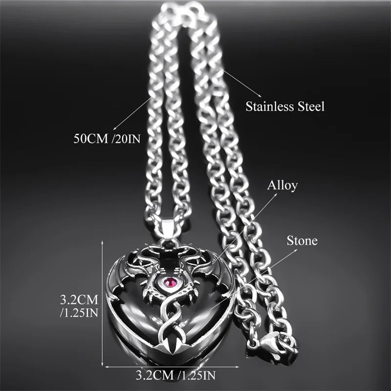 Goth Double Dragon Heart Necklace – Black Stone, Stainless Steel, Y2K Star Girl Design, Men & Women Halloween Jewelry Gift