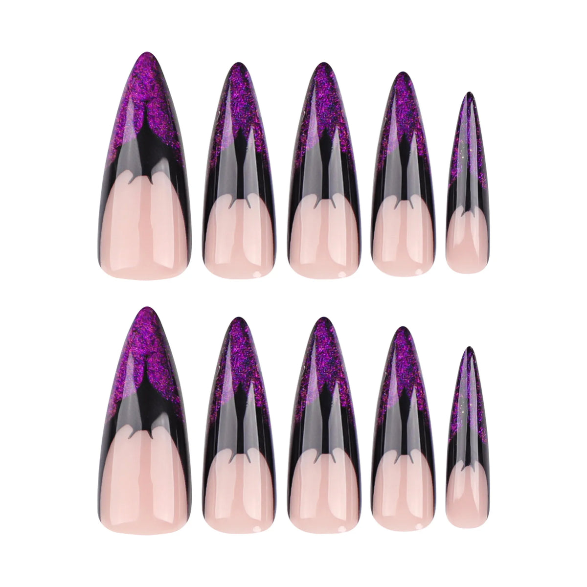 Halloween Long Stiletto Press-On Nails - Purple Glitter with Bat Design, French Tip, False Nails with Glue