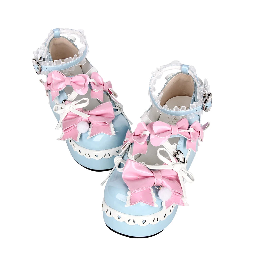 Women lolita cosplay shoes lady high heels pumps girl princess student dress party customized shoes pink blue PL bows lacework