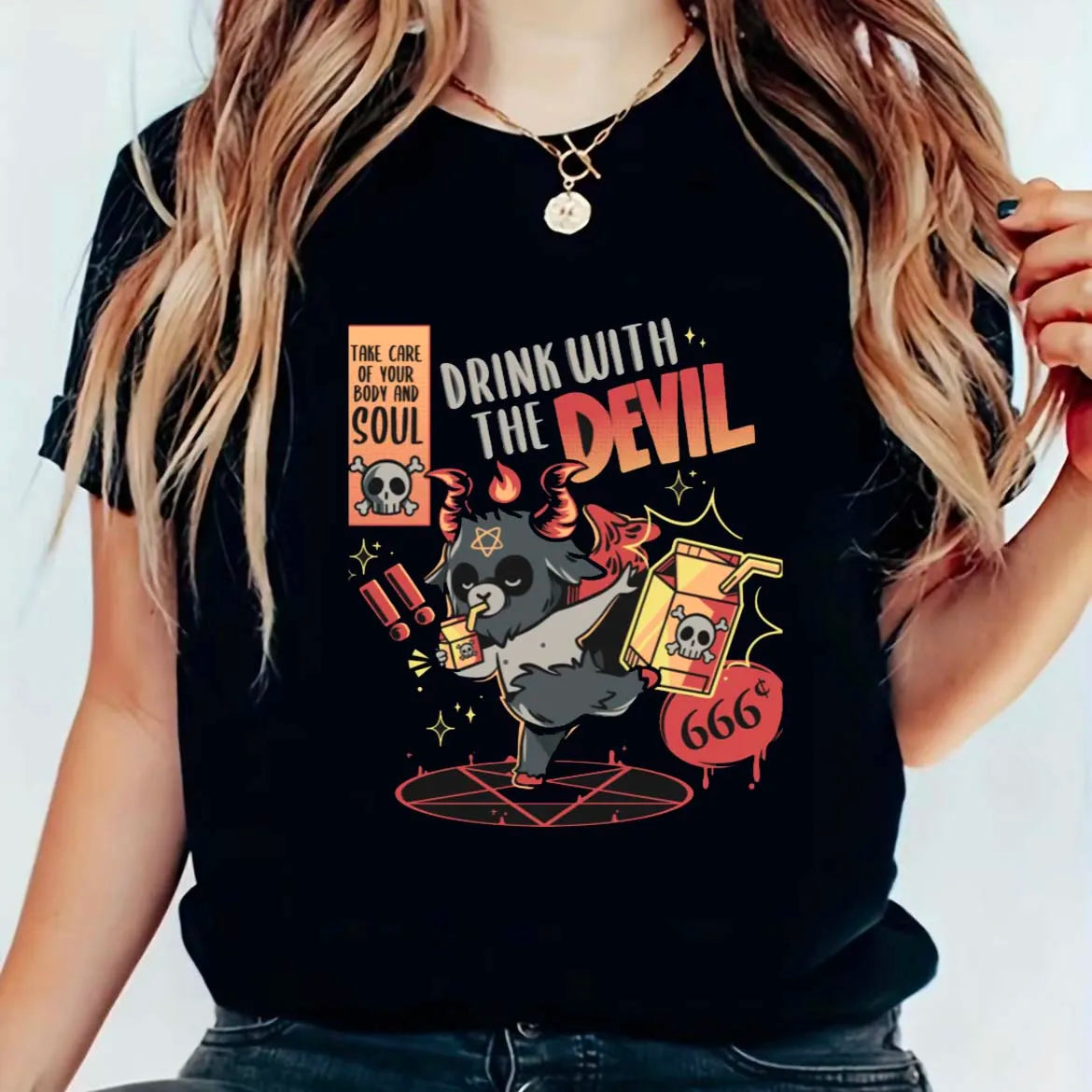 Drink With The Devil - Funny Baphomet Graphic Print Unisex T-Shirt