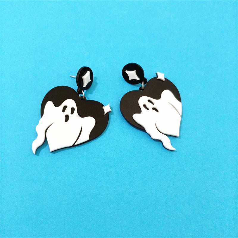 KUGUYS Ghost Heart Drop Earrings - Black and White Acrylic Halloween Jewelry Accessories for Women