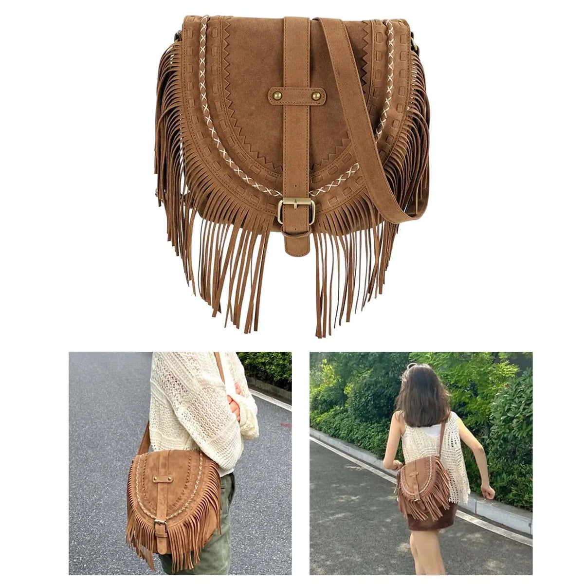 Retro Faux Suede Tassel Shoulder Bag – Handmade Boho Crossbody Messenger Bag for Women