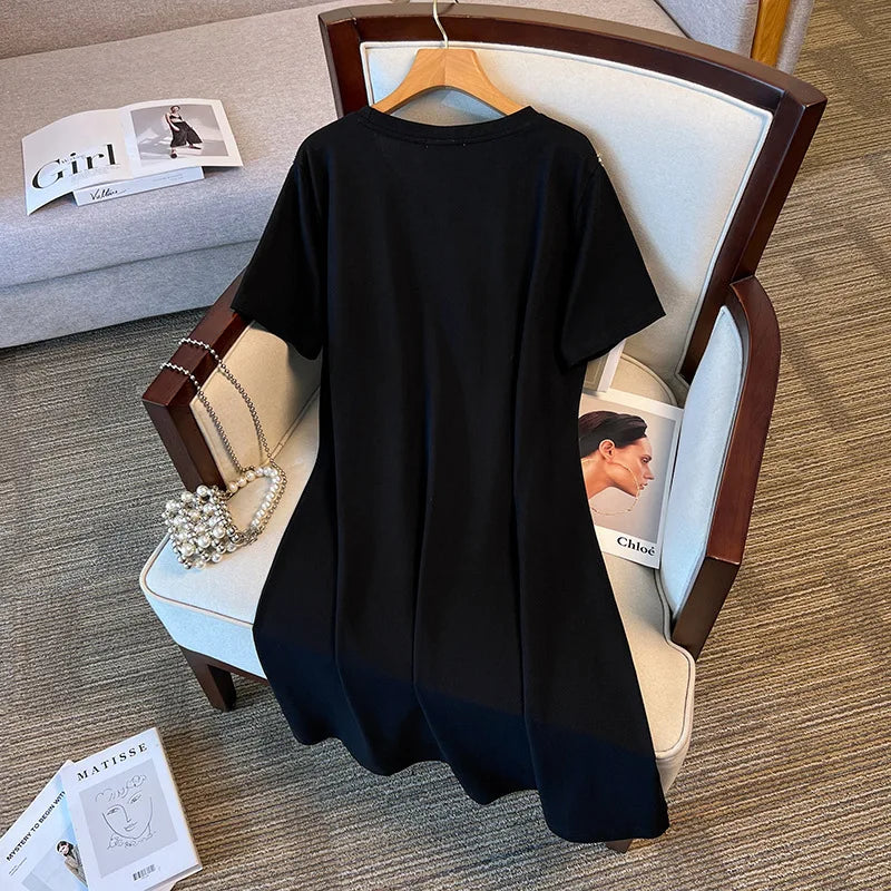 Women’s Plus Size Casual T-Shirt Dress - Short Sleeve O Neck Rhinestone Dress for Summer 2024