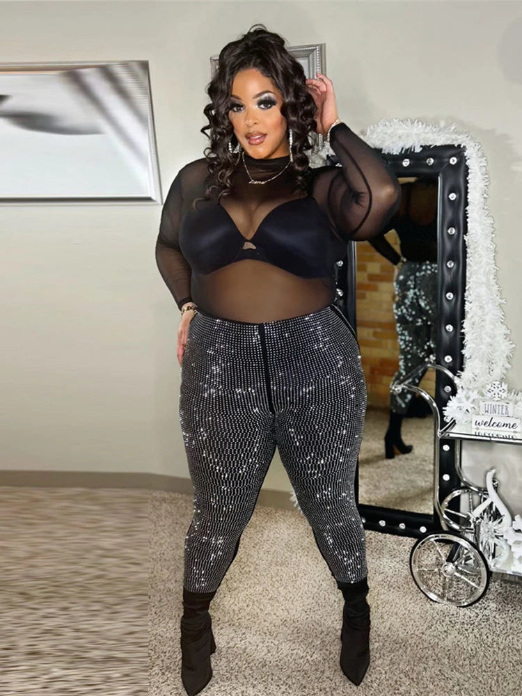 iDress Luxury High-Waist Leggings – Plus Size Glitter Rhinestone Sparkly Party & Club Trousers for Stage or Birthday