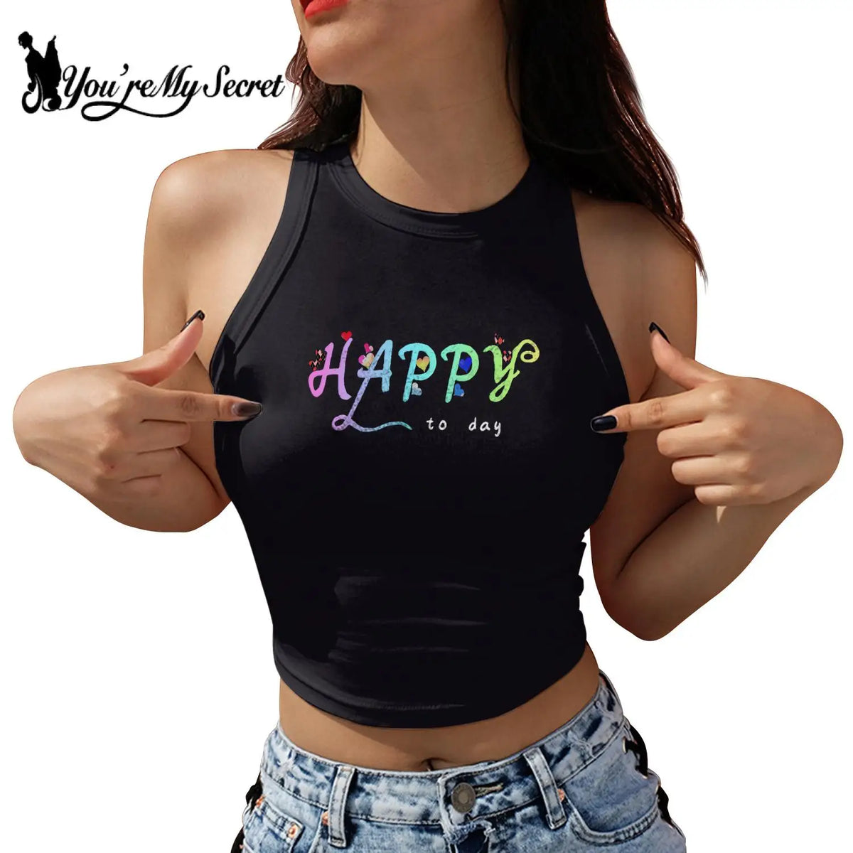 [You're My Secret] Summer Women Crop Top Sexy Sleeveless Fashion Fun Letters Print Tank Tops Gothic Knitted O-Neck Hip Hop Vest