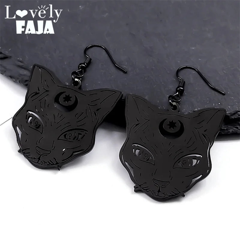 Wicca Goth Witch Cat Dangle Earrings – Stainless Steel Drop Earrings for Women, Witchcraft Kitten Gothic Jewelry