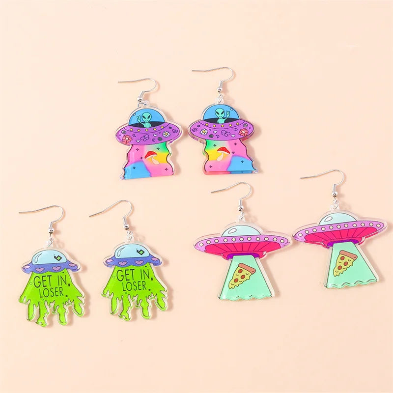 Aihua Cute Cartoon Creative Acrylic ET Alien Earrings Kawaii  Funny UFO Spaceship Earrings for Women Girls Kids Birthday Gifts