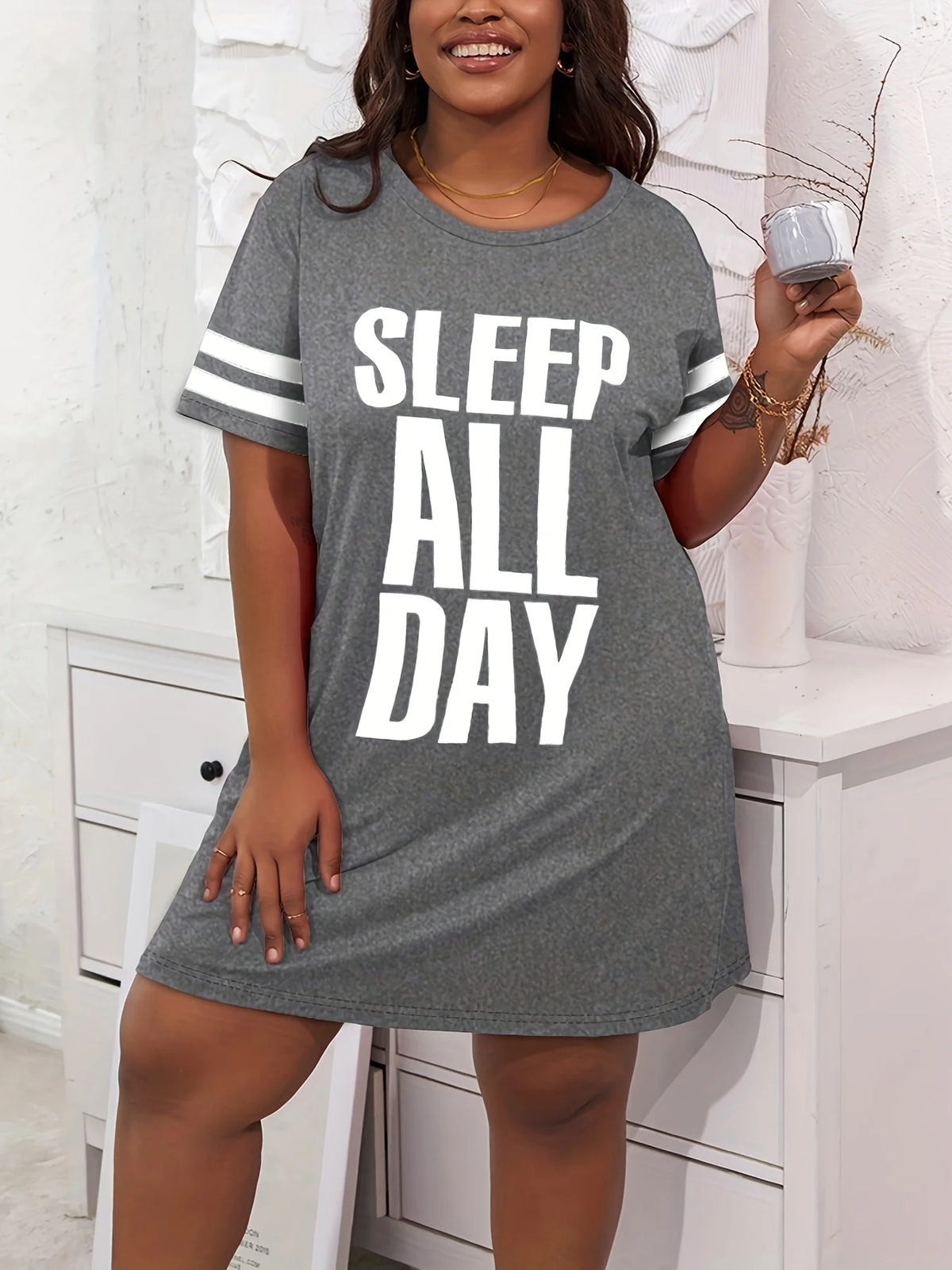 Plus Size Striped Sleep All Day Print Nightgown