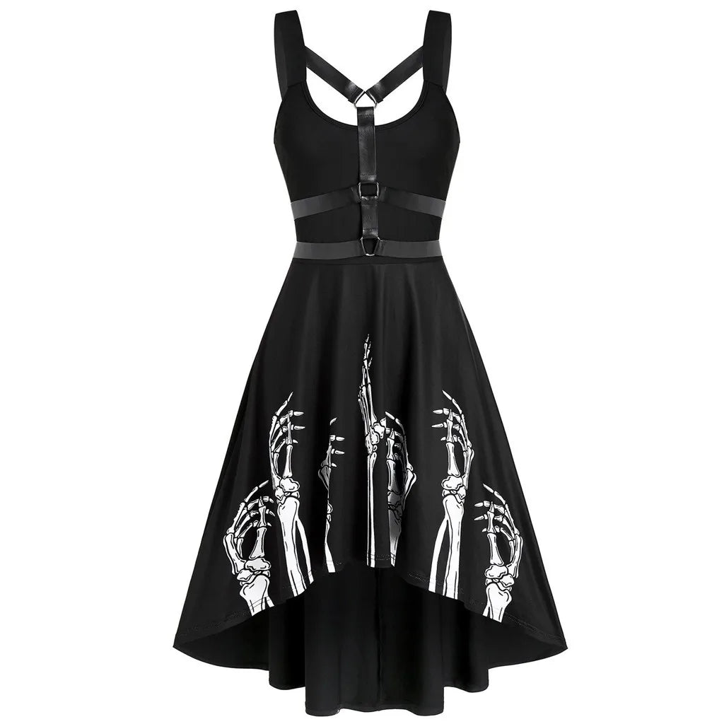 Summer Gothic Spaghetti Strap Dress for Women - New Punk Print Bandage High Waist Maxi Dress, Vintage Halloween Costume