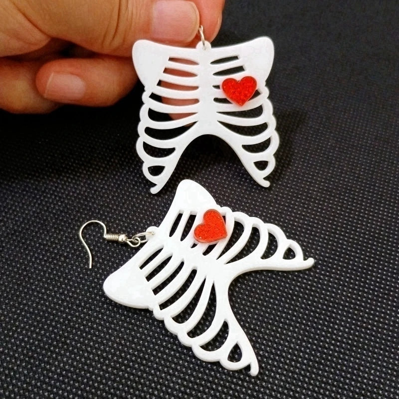 KUGUYS Halloween Skeleton Heart Dangle Earrings for Women Acrylic White Glitter Red Rock Jewelry Fashion Accessories