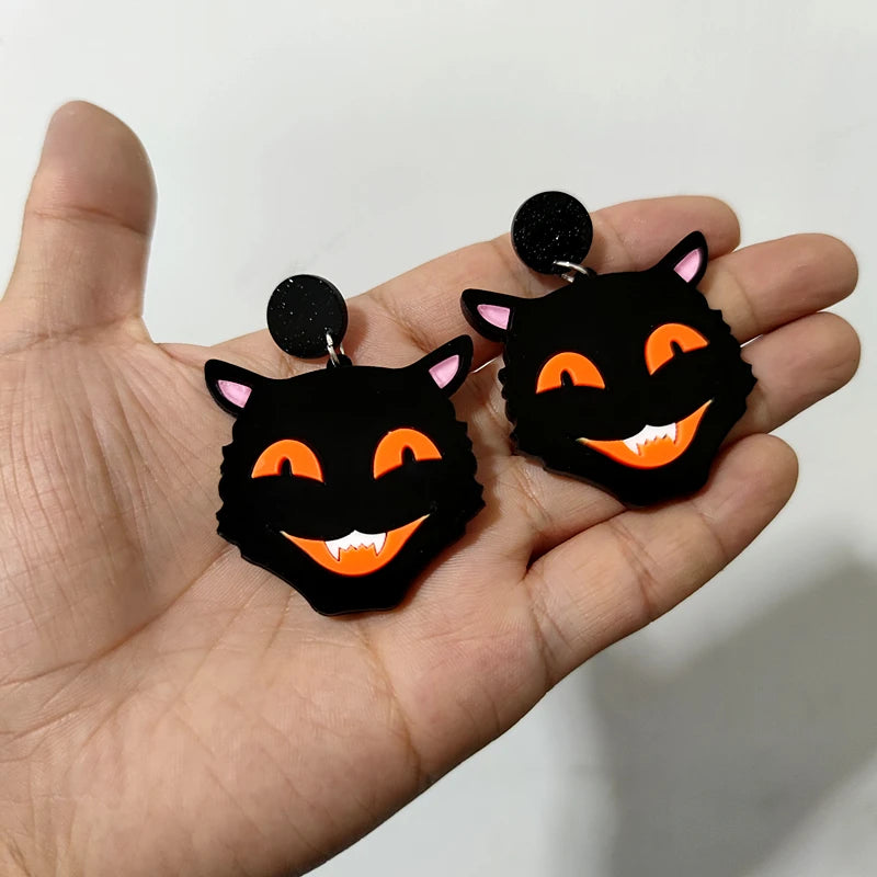 KUGUYS Halloween Black Cat Drop Earrings for Women Jewelry Trendy Acrylic Accessories