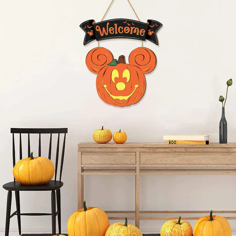 Wooden Halloween Mouse Head Pumpkin Decoration Welcome House Sign Home Window Wall Wooden Door Decoration