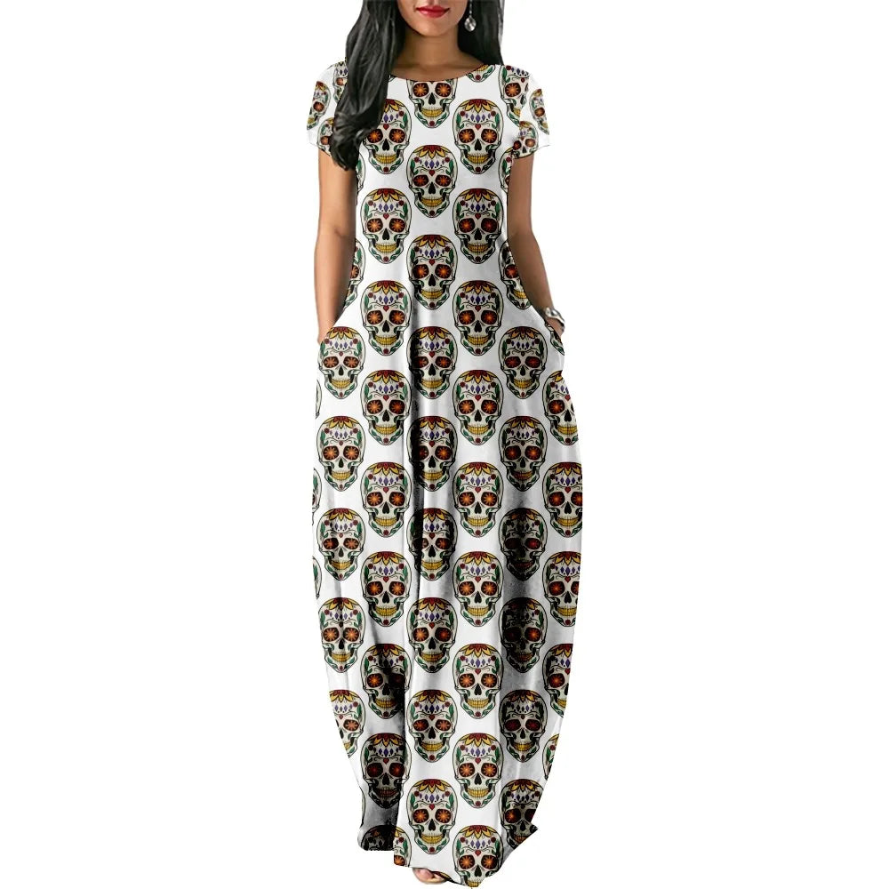 Skull Print Women's Casual Short Sleeve Dress - Loose Long Double Pocket Beach Vacation Dress