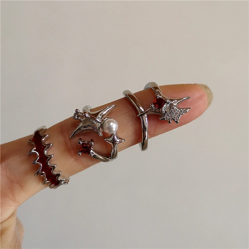 Punk Goth Red Crystal Geometric Heart Pearl Star Animal Rings - Women's Y2K Aesthetic Vintage Grunge Jewelry