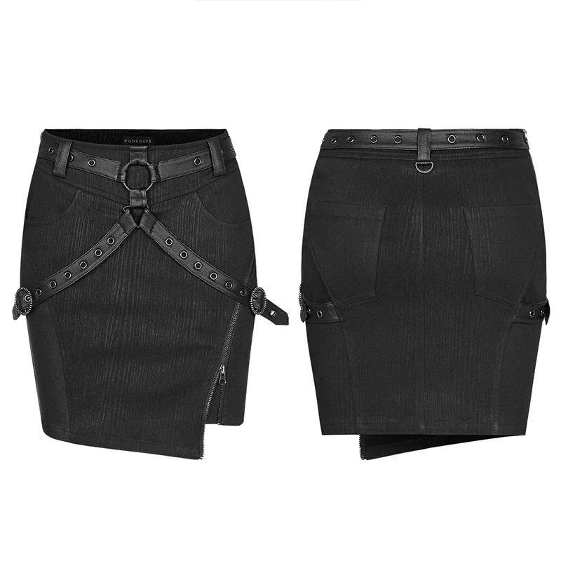 PUNK RAVE Women's Punk Daily Half Skirt - Black Twill Mini Skirt with Zipper and Decorative Details for Spring/Summer