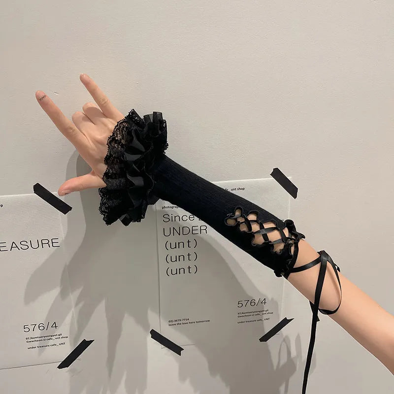 Lolita Ballet Strap Lace Gloves Y2K Fingerless Gothic Sunscreen Sleeve Women Lolita Clothing Accessories Mesh Anime Punk Gloves