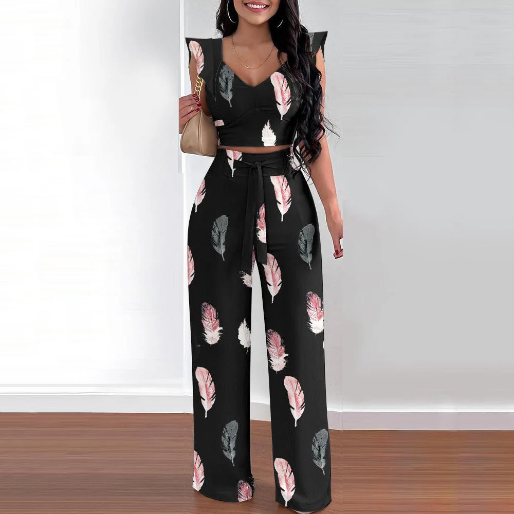 Women’s Casual Sleeveless Top and Long Pants Set - Print Ruffles Lace-Up Loose Wide Leg Pants Suit for Summer