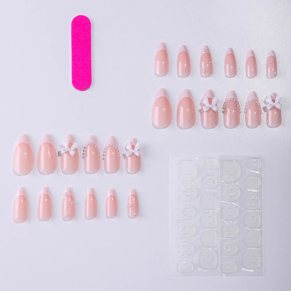 24pcs press on nails short almond bowknot black press on nails white pearl sweet french tip press on nails cute nails cheap nail