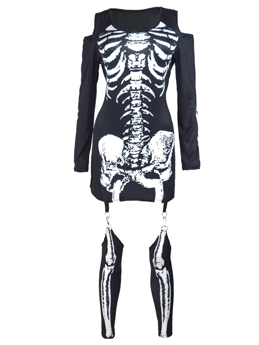 Women Halloween Sexy Ladies Costume Cold Shoulder Long Sleeve Scoop Neck Skeleton Printed Bodycon Mini Dress Sets with Stockings