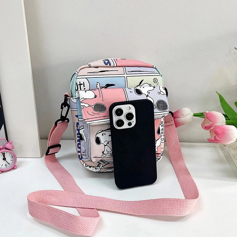 MINISO Disney Cartoon Shoulder Bag - Cute Snoopy Crossbody Phone Bag, Mini Square Printed Canvas Bag with Adjustable Straps