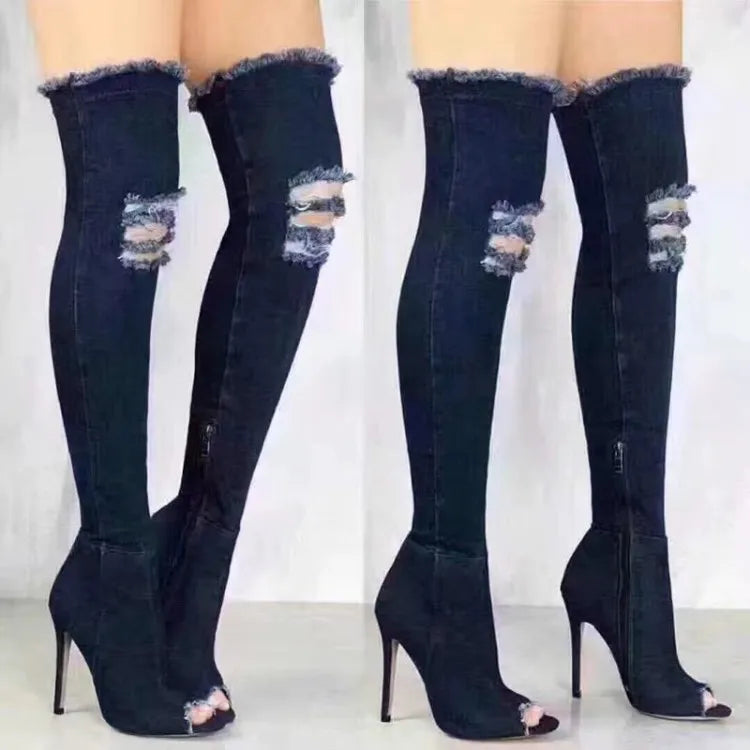 Fashion Women’s High Heel Boots - Spring Autumn Peep Toe Over-The-Knee Stiletto Jeans Cowboy Boots