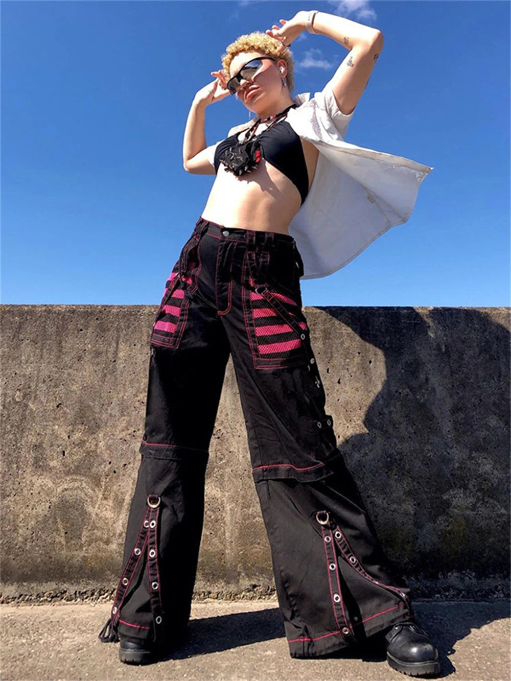 90s Emo Y2k Pants Hip Hop Jeans Retro Women Chain Stripe Gauze Patchwork Wide Leg Kpop Loose Baggy Pants Streetwear Alt Trousers