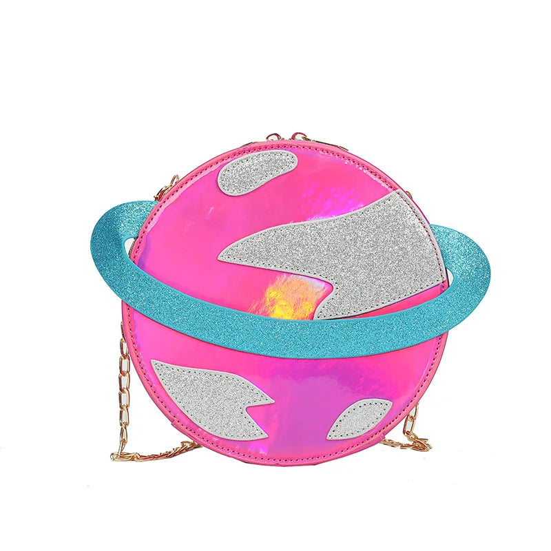 Laser Circular Planet Shape Pursess and Handbags for Young Girls Cute Cartoon Women Chain Crossbody Bag Fashion Novetly Clutch