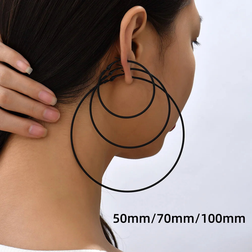 50mm-100mm Oversized Black Circle Hoop Earrings – Punk Exaggerated Large Smooth Round Hoops, Goth Jewelry, Ideal Gift