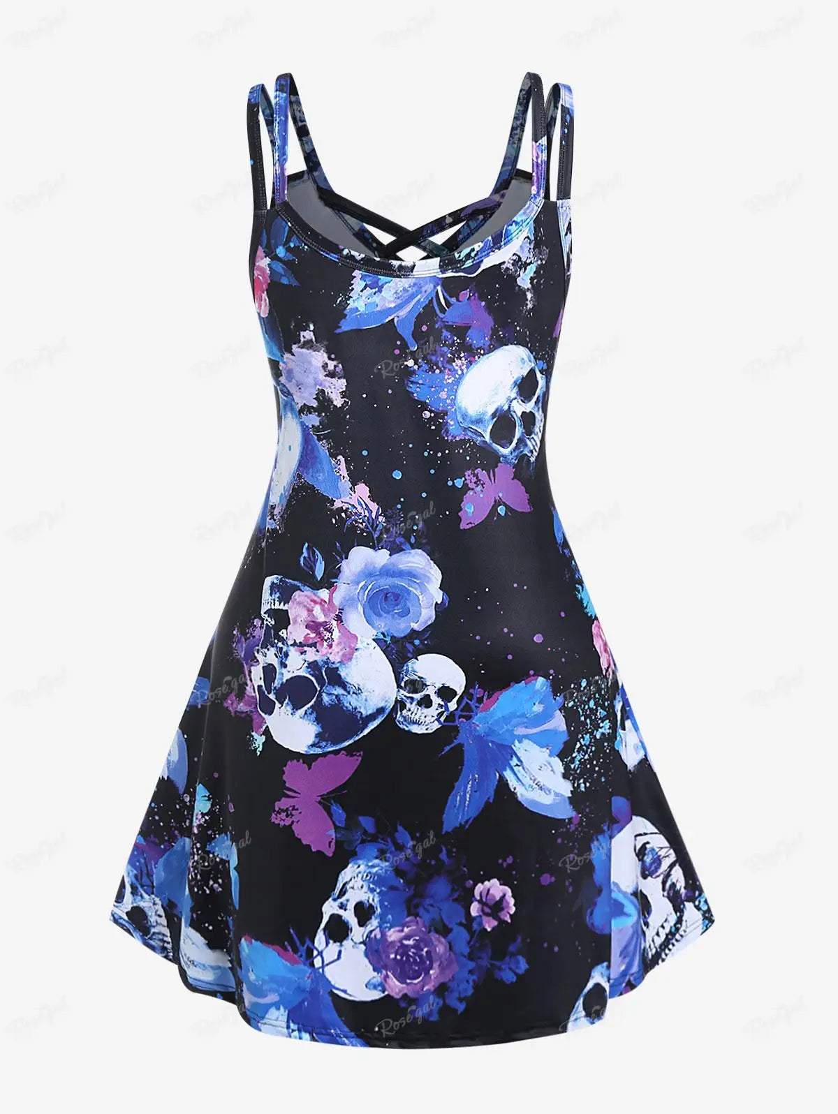 ROSEGAL Plus Size Crisscross Butterfly Skull Print Dress | Gothic Summer Sleeveless 3D Graphic Dress for Ladies