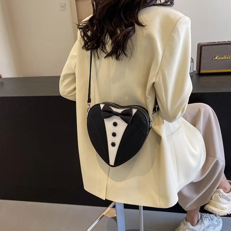 Y2k Style Small Shoulder Bag Heart Shaped Purse Handbags Cute Bow Tie Pu Leather Tote Bags Ladies Crossbody Bags 2024 New