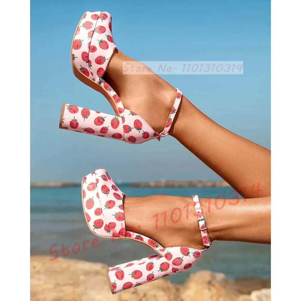 Fruit Print Platform Sandals for Women – Sweet High Block Heels, Round Tip, Light Pink, Summer Ankle Strap, Newest Design