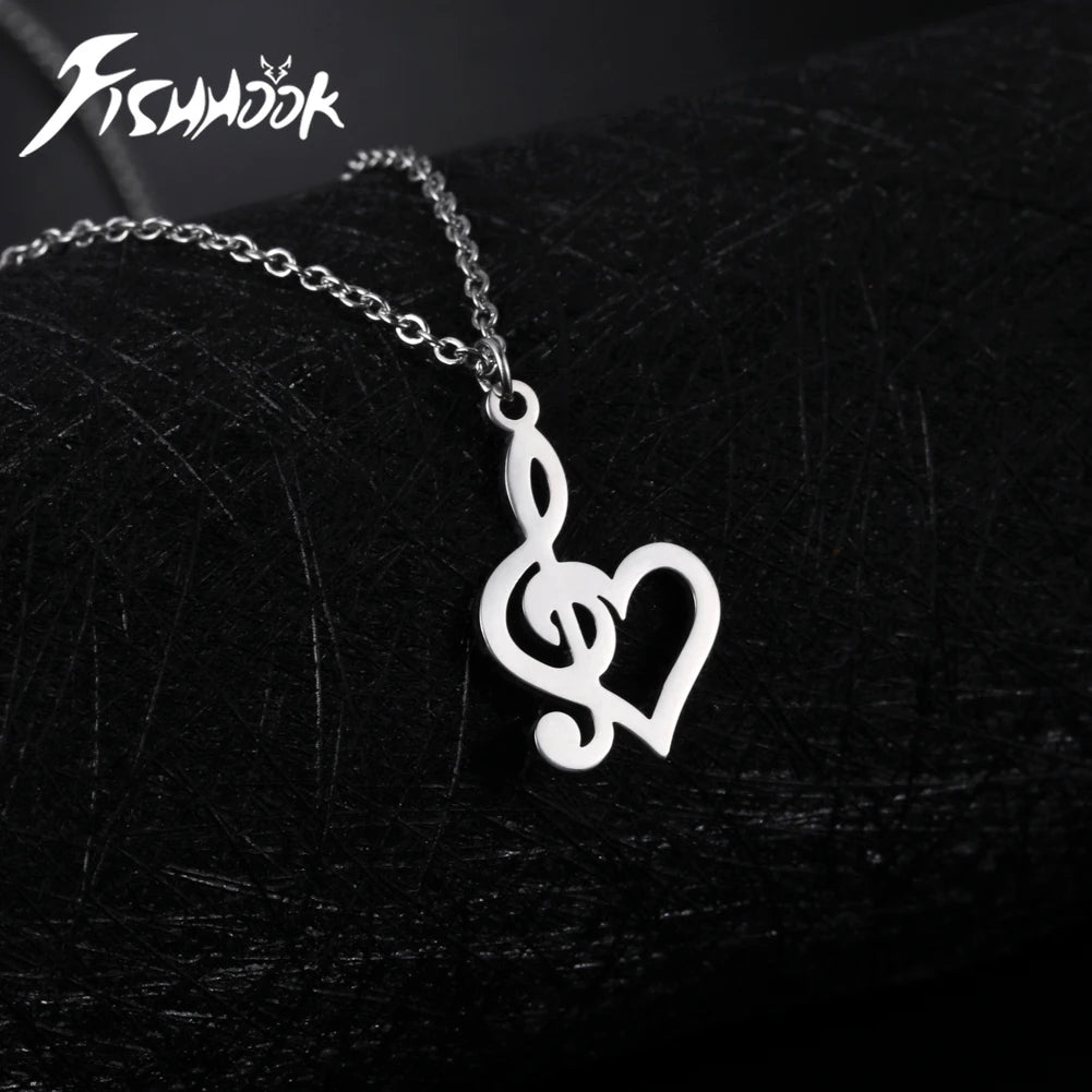 Heart Music Note Treble Necklace - Fishhook Design, Musical Symbol G Clef Chain, Stainless Steel Pendant, Perfect Gift Jewelry