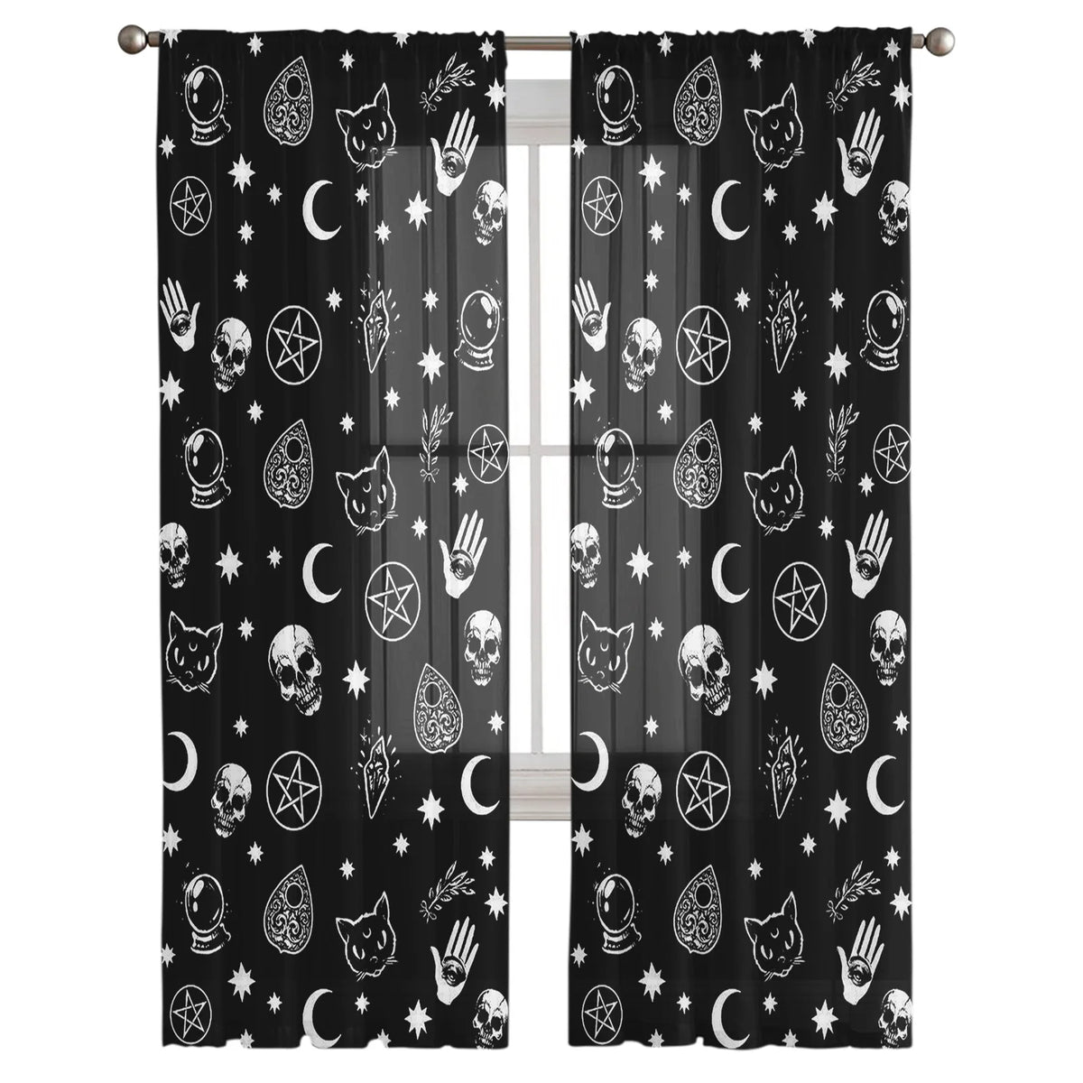 Black Witch Skull Moon Divination Sheer Curtains for Living Room, Bedroom, or Kitchen - Chiffon Window Treatment Drapes.