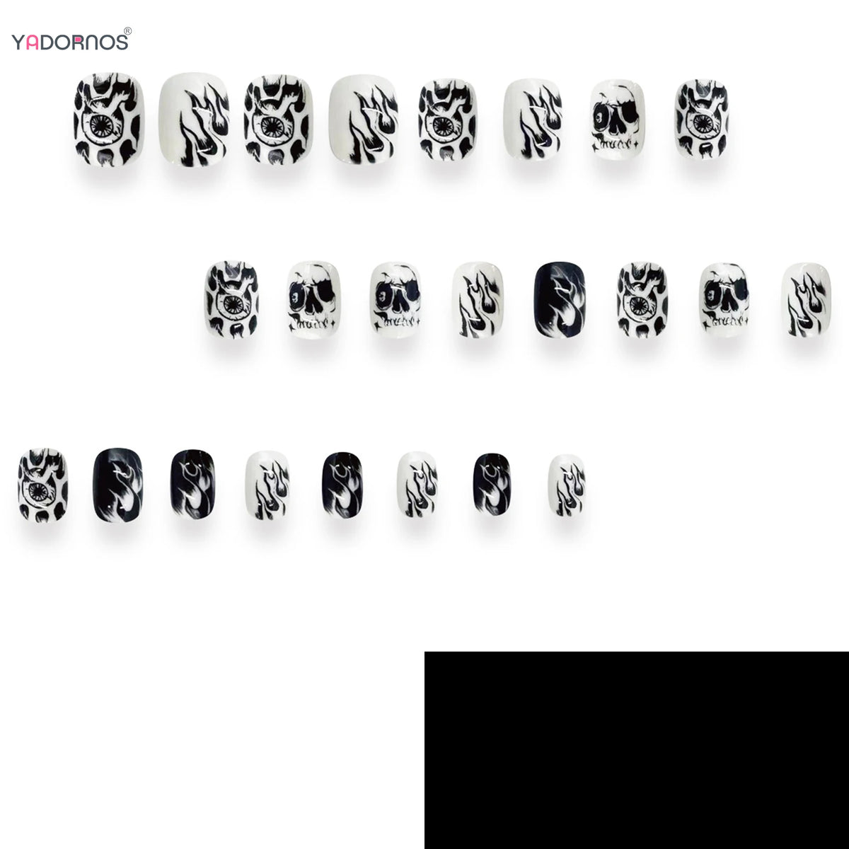 24pcs Halloween Black & White Press-On Nails – Hand-Painted Fire Skull Design, Short Round False Nail Tips