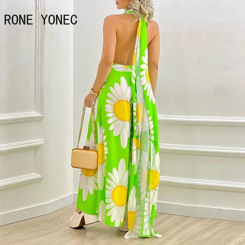 Women Elegant Backless Lace-Up Floral Print Sleeveless Wide-Leg Jumpsuit