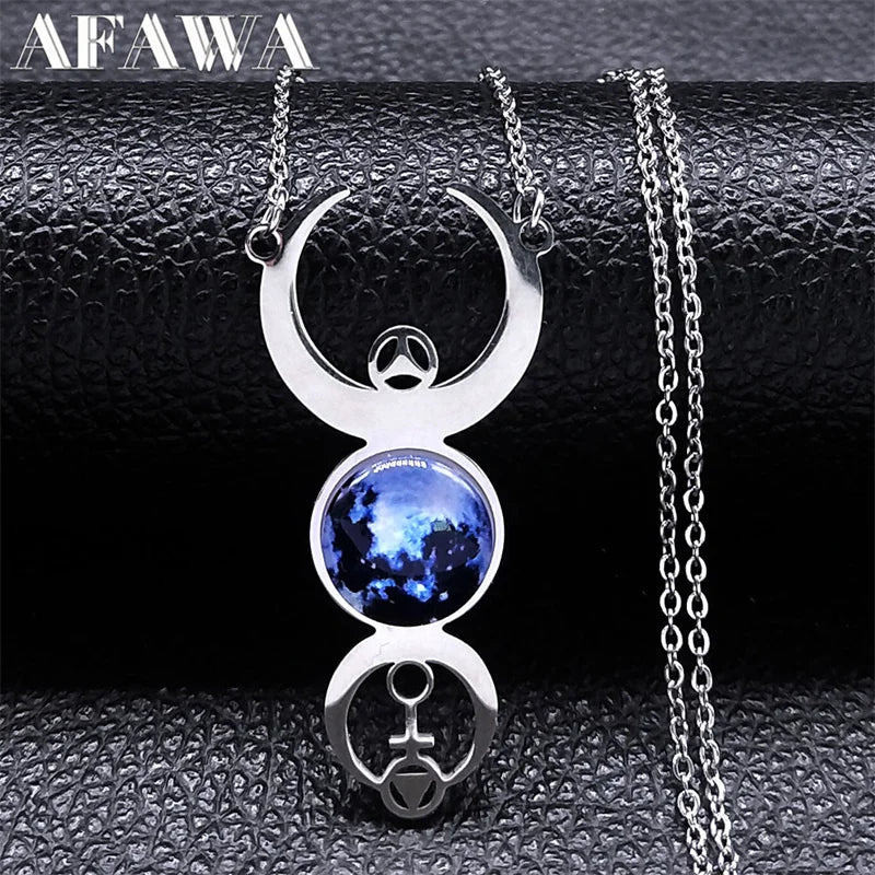 Witch Triple Moon Goddess Necklace - Stainless Steel Moon Phase Crescent Divination Jewelry