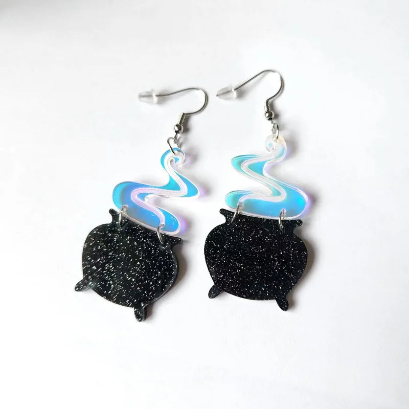 Funky Black Witch Cauldron Halloween Earrings for Women - Laser Cut Ghost Acrylic Drop Earring Gift